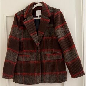 Avec Les Filles Burgundy Red and Brown Plaid Blazer Size S